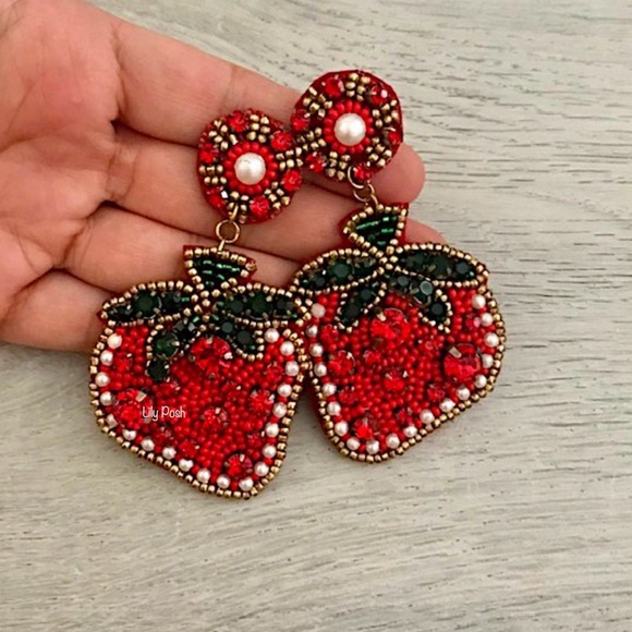 Strawberry Earring, Beaded Fruit Statement Earring, Lily Posh - Picture 2 of 2